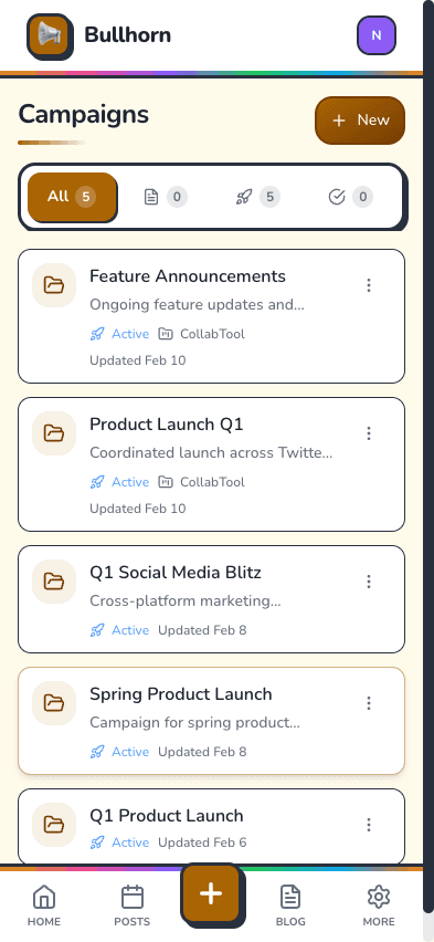 Campaigns list with filters