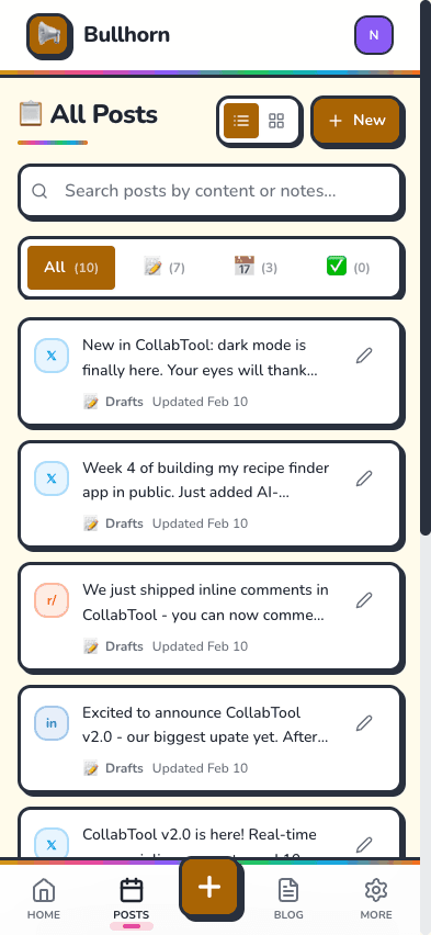 Posts list with filter tabs